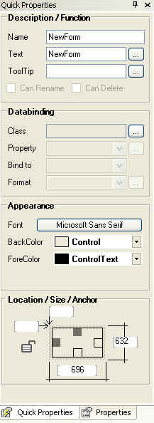 form designer QuickProperties